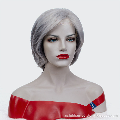 Short Stright Silk Nature Wave Synthetic Hiar Wigs With Cut Silver Gray Ombre Dark Gray Wigs For White Women